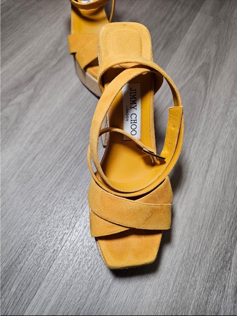 Jimmy Choo Mustard Suede Platform Block Heel Sandals - Picture 6 of 10